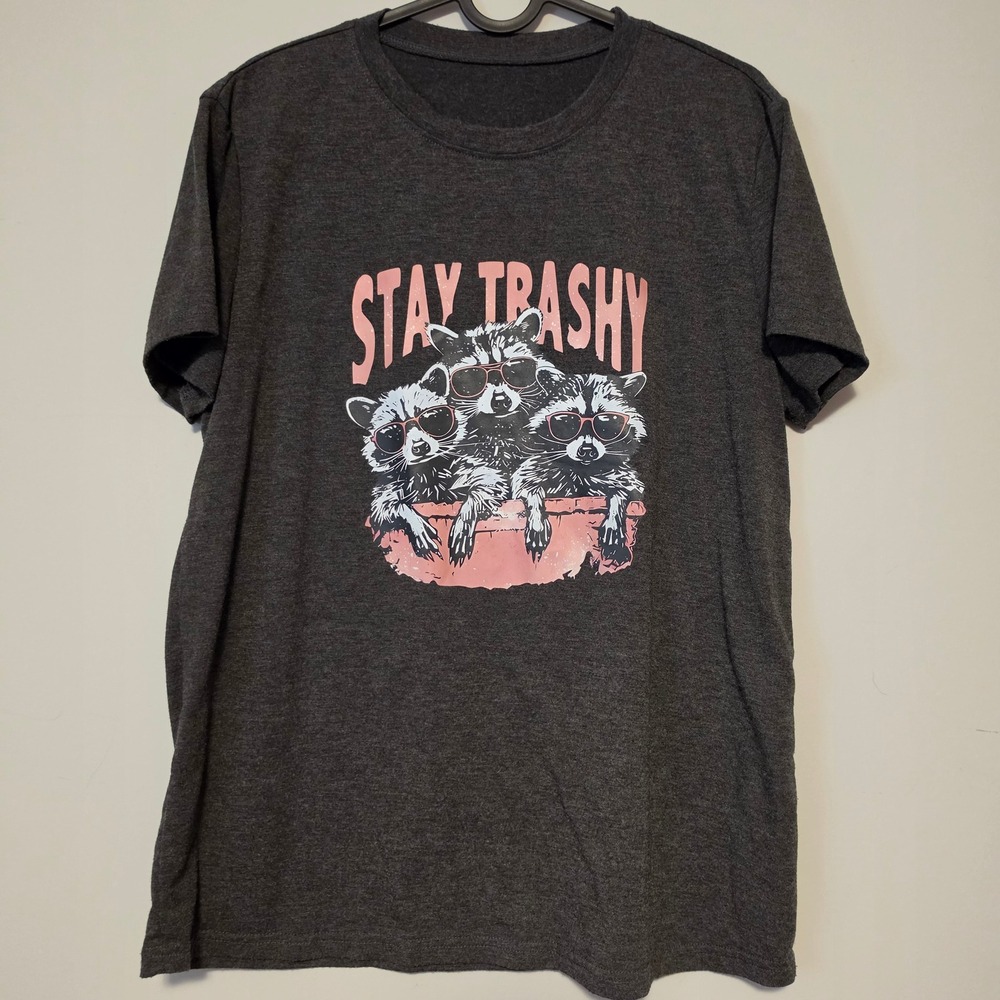 Stay Trashy Raccoon Graphic T-Shirt Charcoal Gray Size Medium